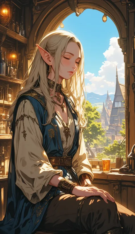 A serene elven woman with fair skin and long, flowing platinum blonde hair, sitting peacefully in a rustic wooden tavern. She has delicate, pointed ears and wears a medieval-inspired outfit — a soft blue tunic with ornate embroidery, layered under a cream-...