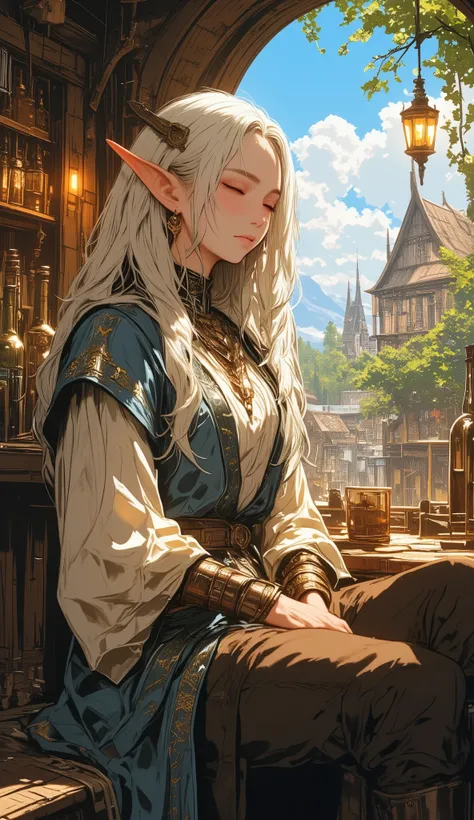 A serene elven woman with fair skin and long, flowing platinum blonde hair, sitting peacefully in a rustic wooden tavern. She has delicate, pointed ears and wears a medieval-inspired outfit — a soft blue tunic with ornate embroidery, layered under a cream-...