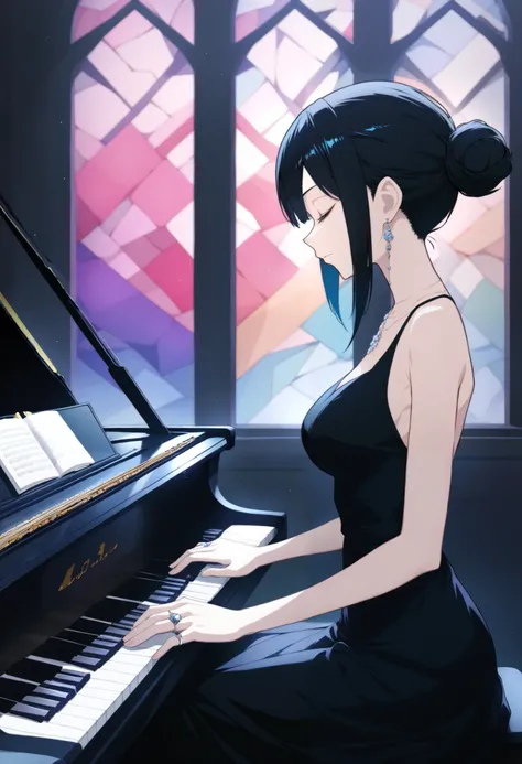 1girl, instrument, solo, jewelry, music, piano, dress, earrings, black hair, playing instrument, closed eyes, sitting, black dress, hair bun, sleeveless, from side, single hair bun, breasts, bare shoulders, sidelocks, sleeveless dress, backlighting, profil...