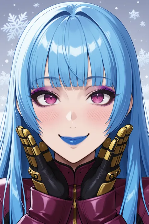 masterpiece, best quality, absurdres, newest, very aesthetic, amazing quality,highres, Kula Diamond \(king of fighters\), blue hair, hime cut, purple eyes, gloves, (1girl), (detailed face:0.8), (detailed eyes:0.8), black eyeliner,purple eyeshadow, blue lip...