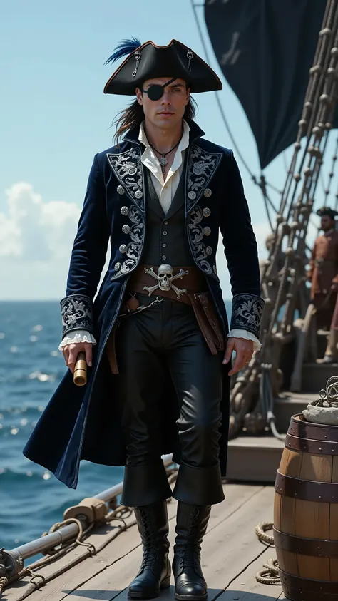 Cillian Murphy reimagined as a pirate walking and holding a wooden spyglass､dramatic atmosphere, 1 male､ 

Medium-length, slicked-back dark brown hair, piercing ice-blue eyeи. A black silk eye patch covers his left eye, secured with a thin leather strap. A...