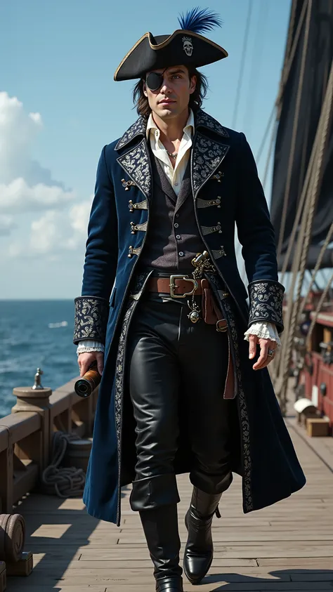 Cillian Murphy reimagined as a pirate walking and holding a wooden spyglass､dramatic atmosphere, 1 male､ 

Medium-length, slicked-back dark brown hair, piercing ice-blue eyeи. A black silk eye patch covers his left eye, secured with a thin leather strap. A...