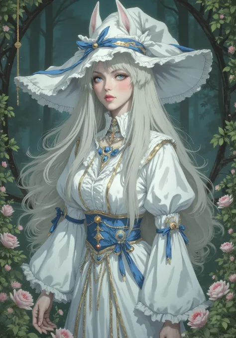 woman, fair skin, pink lips, long white hair, white wolf ears, blue eyes, wearing a white witch's hat with blue ribbon, white clothes, Full body,dressed as a medieval princess, in a garden