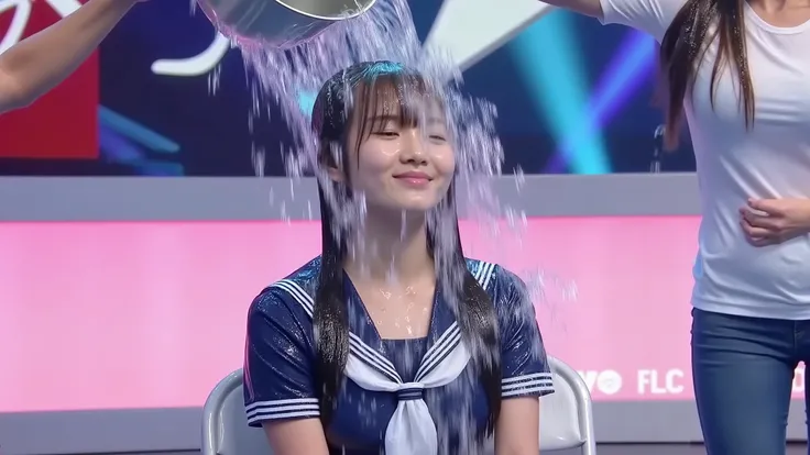 On a TV gameshow, a beautiful young 21-year-old Japanese woman with twintails and wearing a dark blue sailor suit sits in a folding chair on stage as a bucket of water is poured over her head from off-screen.  She looks up into the path of the water, so th...