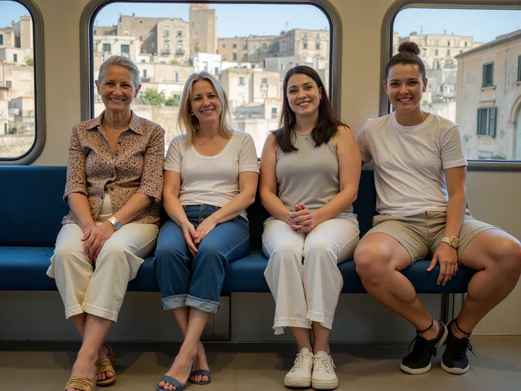 A high-quality, photorealistic image of four mature women of diverse ethnic backgrounds—African, East Asian, Middle Eastern, and European—sitting side by side on a train seat. Each woman has a unique body type: one tall and slender, another short and curvy...