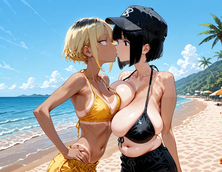 2girls, (A skinny tall tan woman with black bob cut:1.4)(A short blonde woman:1.4) (the skinny tan woman kisses the bloated blonde:1.4))at the beach, skinny, (wide eyes, small pupils), (nauseated and sick emotions:1.1), (hands cradling her midsection:1.1) ...