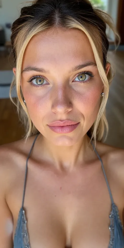 Intimate SFW Instagram photo of a woman (((close-up portrait))) (blond hair), sexy beautiful smile, S-shaped pose. She has pale complexion, square-shaped faced, high cheekbones, small sharp nose, full sensual puffy lips, pointy chin, defined jawline, big s...