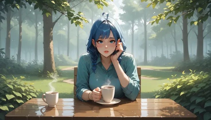 A quiet café named "Melody Mood" in the middle of a misty forest during a gentle rain. Raindrops trickle down the wooden eaves, and the air is filled with the fresh scent of wet earth and leaves. A woman sits alone at an outdoor table, staring at the rain ...