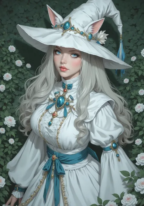 woman, fair skin, pink lips, long white hair, white wolf ears, blue eyes, wearing a white witch's hat with blue ribbon, white clothes, Full body,dressed as a medieval princess, in a garden