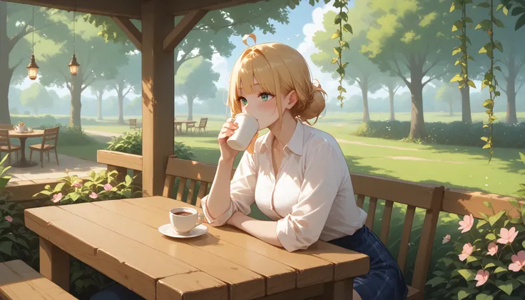 A small, charming café named "Melody Mood" nestled in a lush green forest. The wooden café is covered with creeping vines and blooming flowers. A soft golden glow emanates from the lanterns, creating a warm and inviting atmosphere. A woman sits alone at a ...