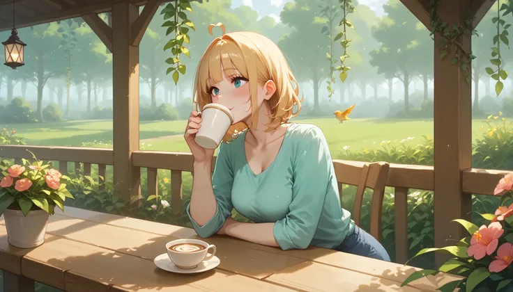 A small, charming café named "Melody Mood" nestled in a lush green forest. The wooden café is covered with creeping vines and blooming flowers. A soft golden glow emanates from the lanterns, creating a warm and inviting atmosphere. A woman sits alone at a ...