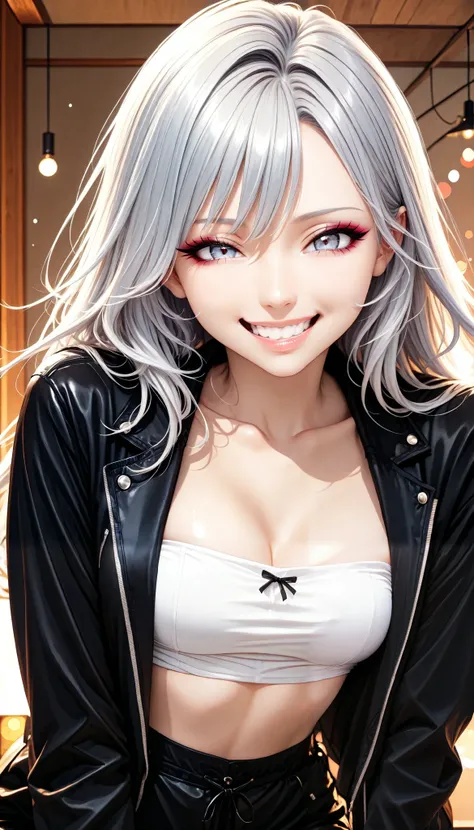 tube top of the eyebrow,jacket,cool,sexy,woman,long silver hair,( laugh, smile, ), beautiful shining eyes, glossy lips ,very detailed目と顔,Long Lashes,アメリカンバイクの横でsexyポーズ,random pose, cowboy shot,high quality,Pro Effects,4K resolution,Large scale,Super Detail...