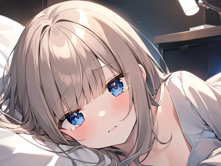 Nightwear、Lying in bed、dark room、blunt bangs、chest length hair、whitish ash brown colored hair at the office、blue dark eyes 、looking at me、Princess Cut、holding back tears