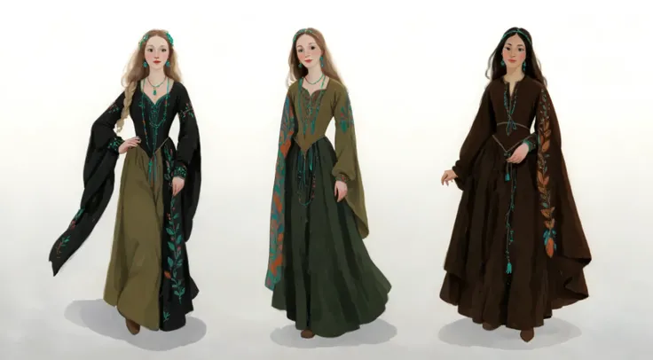 score_9, score_8_up, score_7_up, score_6_up, score_5_up, score_4_up, 1_woman, pale skin, long_hair, wearing a vibrant long peasant medieval dress, detailed clothing, sketches, detailed thick gouache painting, illustration, in gougoupaintleaves style:1.5, h...