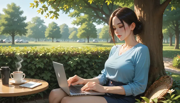 "A beautiful face and nice body, a woman sitting under a tree in a park, working on her laptop." She is wearing comfortable outdoor clothes, with a coffee tumbler beside her. The peaceful natural surroundings create a calming and focused work environment.
...