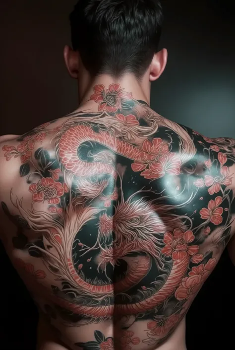 A close-up of a Yakuza member's back, showcasing a full irezumi tattoo of a fierce dragon intertwined with cherry blossoms. The intricate details of the tattoo are illuminated by soft, dim lighting, revealing the cultural and symbolic importance of the art...