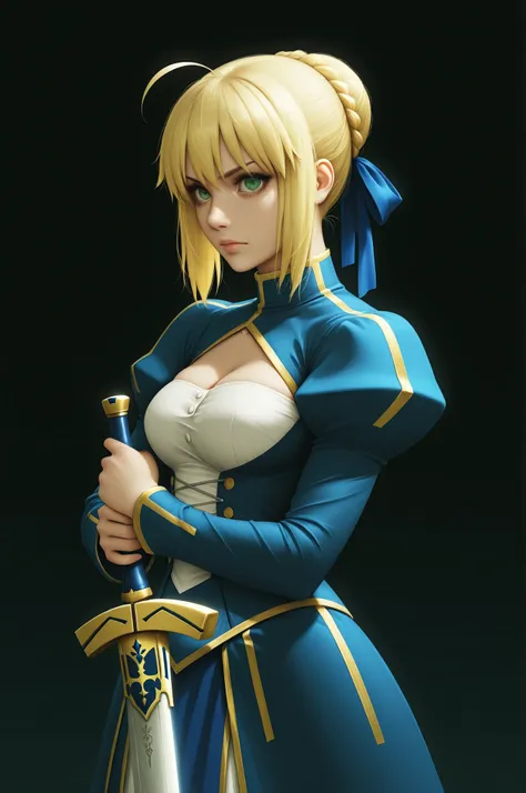 masterpiece, best quality, 2.5D, realistic, ,weapon, holding sword, 1girl, saber, fate_(series), 1girl, blonde_hair, green_eyes, tied hair