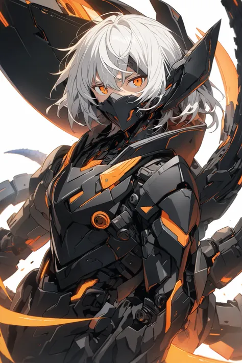 [(WHITE BACKGROUND:1.5),::5], ((masterpiece)), high quality, ultra very high resolution, full color, ((solo)), (boy), Black cyborg armor, (assassin armor), ((mechanical tail)), ((men's White hair)), (Orange eyes), anime, (upper body), Orange neon light,