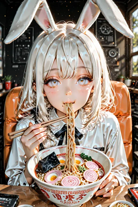 high definition、Super Detail、( 1girl :1.5)、intricate details, depth field, natural light, professional lighting、cute girl with long white hair with rabbit ears eating ramen , cute girl with long white hair with gray hair eating ramen、Seen from a distance、...