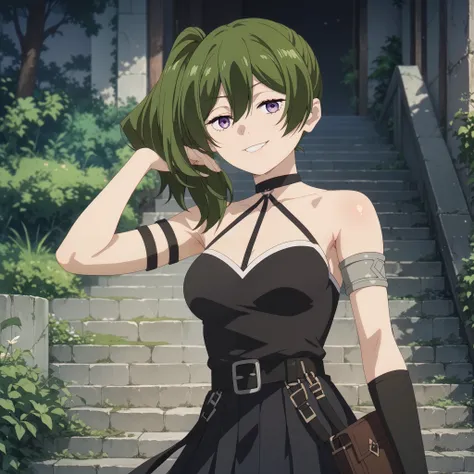 ubel, medium hair, hair between eyes, green hair, side right ponytail, purple eyes, medium breasts, skirt, gloves, dress, bare shoulders, pleated skirt, sleeveless, black gloves, elbow gloves, belt, miniskirt, black skirt, black dress, thigh strap, sleevel...