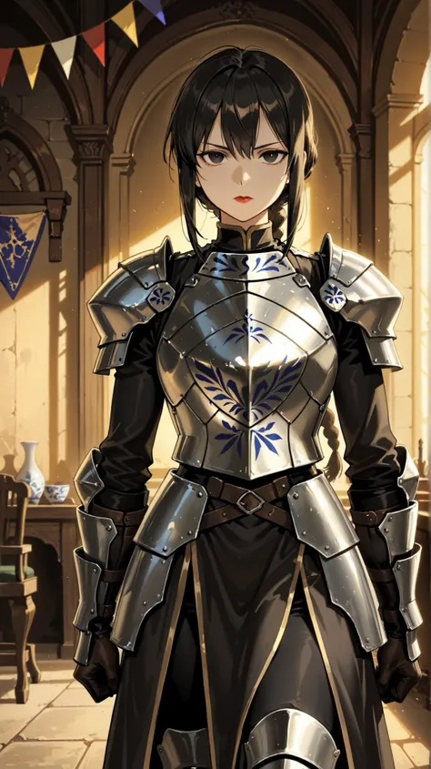 An imposing rider and 38-year-old mature woman in heavy brushed metal armor, with coats of arms marking his patent as commander. Underneath the armor wears black clothes. Her short black hair is tied in a tight braid, with some loose locks . She has light...