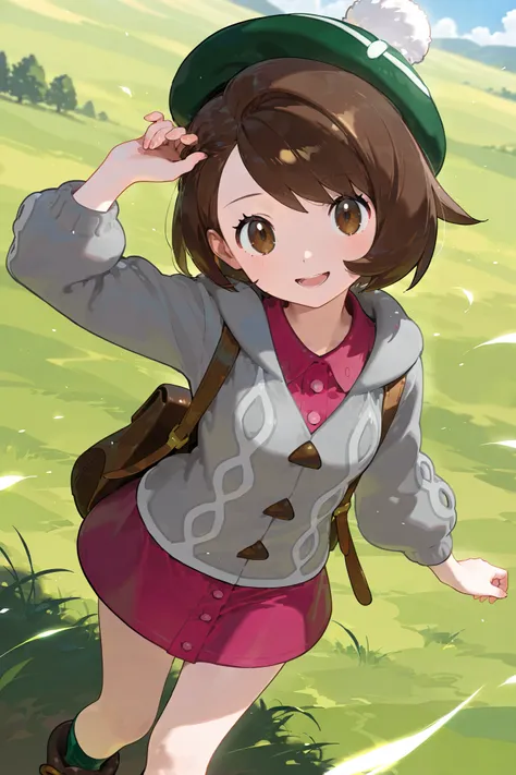 masterpiece, best quality, highres, gloria1, 1girl, gloria \(pokemon\), brown hair, solo, backpack, brown eyes, tam o' shanter, grey cardigan, pink dress, short hair, green socks, socks, brown bag, bob cut, bangs, long sleeves, collared dress, field, grass...