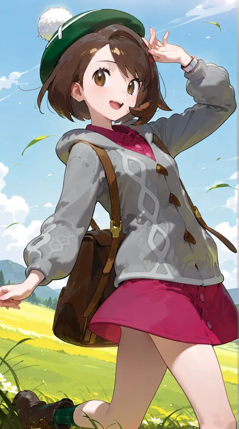 masterpiece, best quality, highres, gloria1, 1girl, gloria \(pokemon\), brown hair, solo, backpack, brown eyes, tam o' shanter, grey cardigan, pink dress, short hair, green socks, socks, brown bag, bob cut, bangs, long sleeves, collared dress, field, grass...