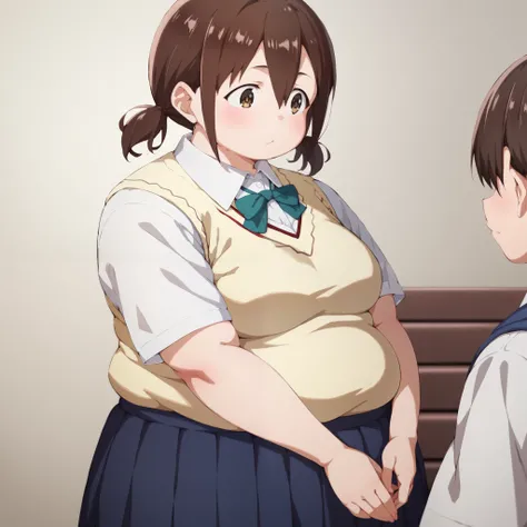 honoka hara, short hair, brown hair, hair between eyes, twintails, brown eyes, low twintails, short twintails, plump,
skirt, shirt, school uniform, white shirt, short sleeves, pleated skirt, collared shirt, blue skirt, sweater vest, fat, chubby, obese