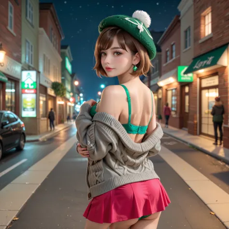 score_9, Gloria, light brown eyes, green wool hat, green diamond earrings, gray cardigan, knitted cardigan, pink mini skirt, dark green bra, dark green panties, rear view, sexy pose, sexy expression, streets, red brick city, night, alone, realistic, high q...