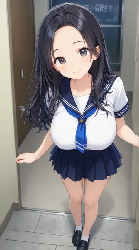 Big Breasts, 、 night、 navy blue sailor suit、 dark blue pleated skirt 、entrance、Meet and greet、long hair, black hair , bangs, , smile, , smiles, , (One girl 1.5), ( blue ribbon)、( 1.5)solo,