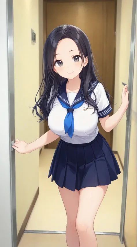 Big Breasts, 、 night、 navy blue sailor suit、 dark blue pleated skirt 、entrance、Meet and greet、long hair, black hair , bangs, , smile, , smiles, , (One girl 1.5), ( blue ribbon)、( 1.5)solo,
