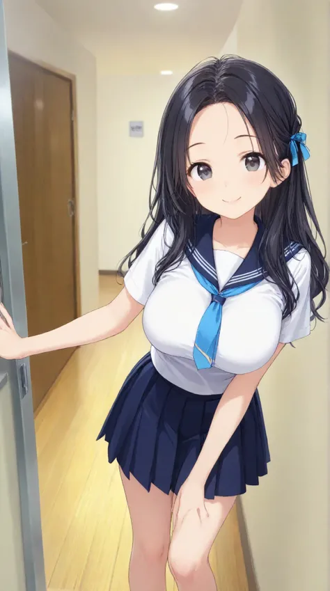 Big Breasts, 、 night、 navy blue sailor suit、 dark blue pleated skirt 、entrance、Meet and greet、long hair, black hair , bangs, , smile, , smiles, , (One girl 1.5), ( blue ribbon)、( 1.5)solo,