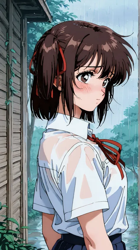 kayo,dark brown eyes,dark brown hair,two side hair,shoulder-length short hair,hair tied thin red ribbons,school uniform,white collared shirt,thin short red necktieribbon,navy blue short pleated skirt,tareme,labiomental sulcus,masterpiece,best quality,amazi...