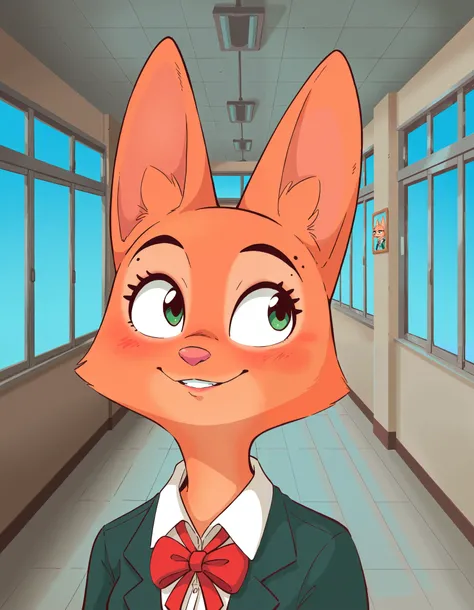 Diane Foxington, , , ginger skin, emerald eyes, school uniform , blush, look at the spectator , Smiles, Interiors, alone, by diives