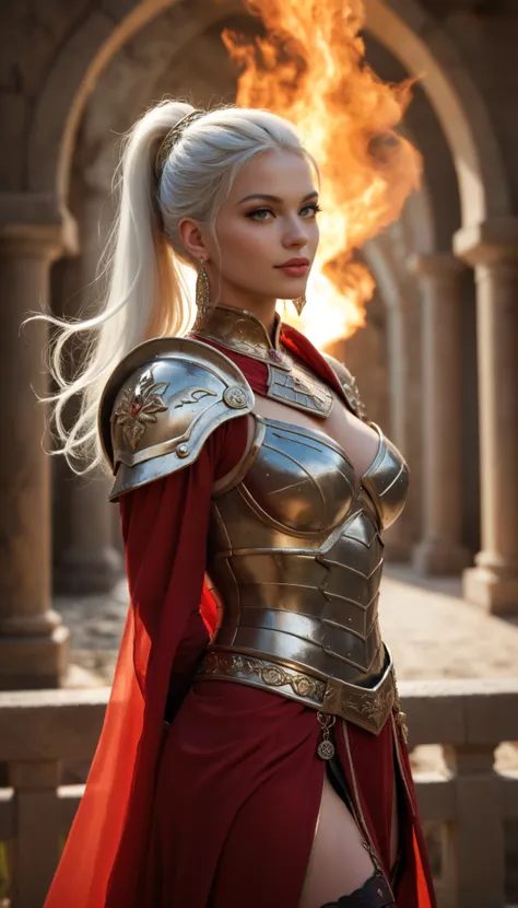 "A beautiful and innocent loli warrior, inspired by Furina. She has long white hair, shiny, flying in the wind, sparkling eyes exude confidence and strength. She stands on the porch between the dark and smoky ancient battlefield, red light from the flames ...