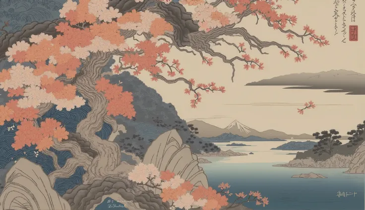  A digital illustration inspired by Ukiyo-e, with bold black outlines, dark red and gold tones filling the sky and lake, golden blossoms in bloom on the sides, a distant mountain peak, soft golden light illuminating the peaceful lake, serene and calm atmos...