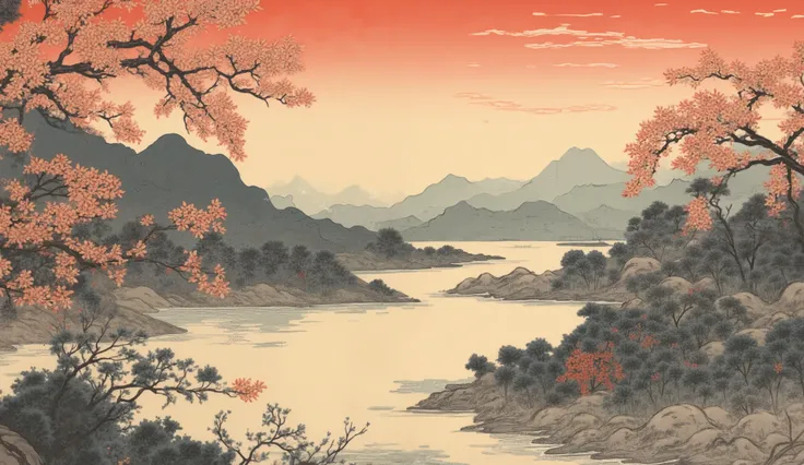  A digital illustration inspired by Ukiyo-e, with bold black outlines, dark red and gold tones filling the sky and lake, golden blossoms in bloom on the sides, a distant mountain peak, soft golden light illuminating the peaceful lake, serene and calm atmos...