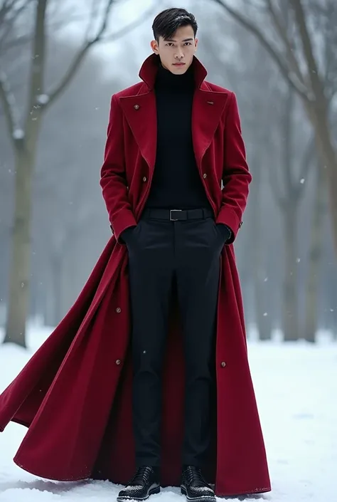 A male with black outfit coat and pants with a red long coat long enough to reach under the knee to bottom but does not touch the ground and the long coat is made for winter