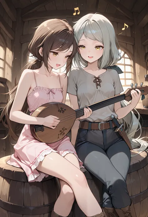 (masterpiece:1.2, Best Quality), (finely detailed beautiful eye: 1.2), (beautiful detailed face), tavern background, close up, playing lute, singing, sitting on barrel, legs crossed, music note, 2girls, character: brown hair , brown eyes , very long hair ,...