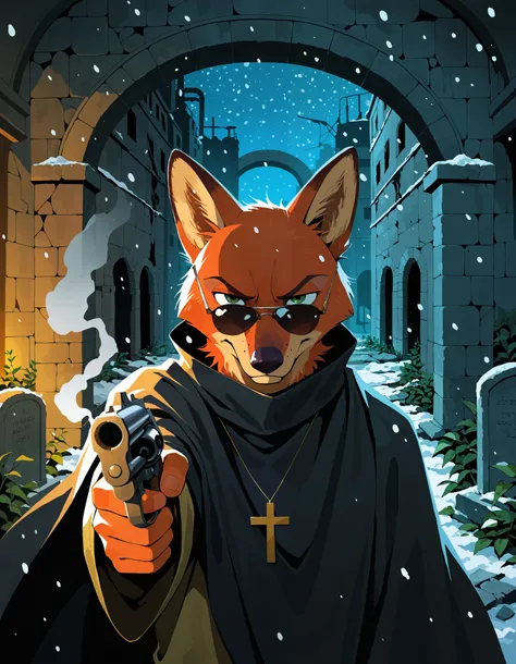 nick wilde, cross necklace, priest, gold and black cloak, sunglasses, holding revolver, portrait, action pose, serious face, smoking, half-length portrait, [high-angle view::0.1], BREAK, masterpiece, best quality, [:by Duskihorns, by Youjomodoki:0.15], det...