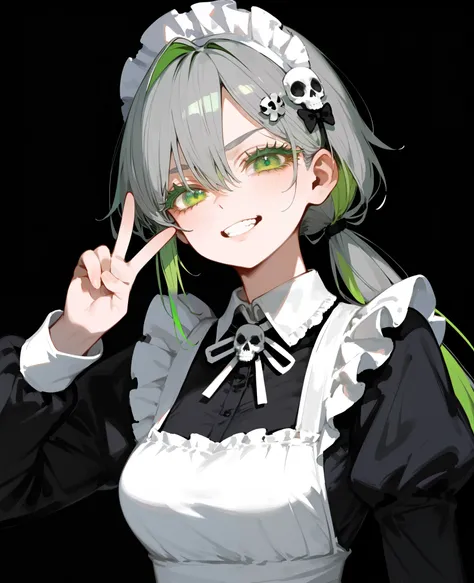 girl,Gray hair,two tone hair,Green Hair,long hair,in green eyes,Hairless Color,Skull Hairpins,black dress,Medium Bust, Tomboy,cute,Maid outfit,,milf, low ponytail ,black background,Long eyelashes, in the form of a whole body.,Cyber,long skirt,Long Sleeve ...