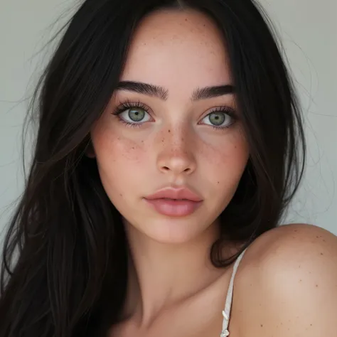 blande american woman,20years old,beautiful,feminine face,big ping lips,green eyes,Black hair, She looks at the camera
