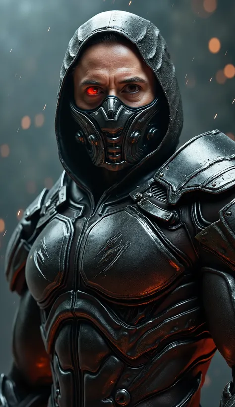 The super realistic ROBERT DOWNEY JR as Kabal, focus on the upper body, with a shiny metallic suit and impactful details, and a striking background: "Hyper-realistic Close-up of ROBERT DOWN as Kabal, the ruthless runner and former member of the Black Drago...