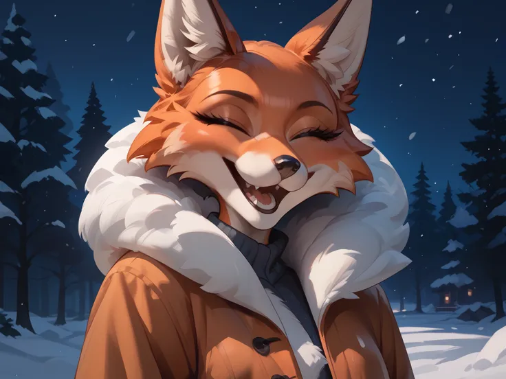 Night, winter, forest plain, Anthropomorphic fox girl, orange fur, Yellow eyes, red fur coat, laughs, closed eyes, looks at the viewer