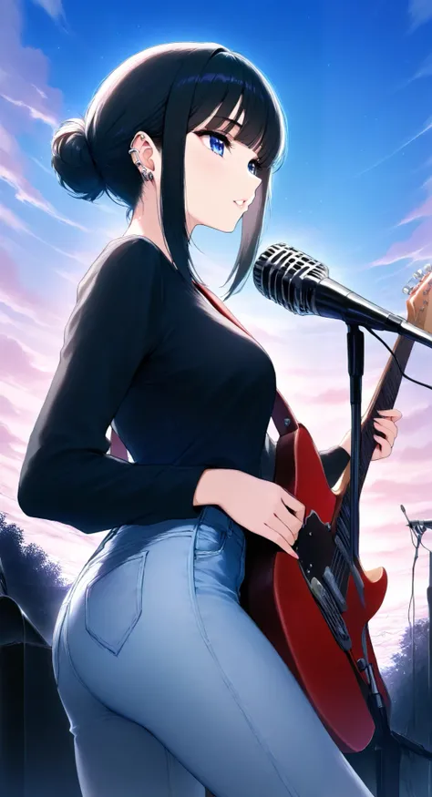 nimedXLjm. masterpiece, best quality, very aesthetic, absurdres, sharp details, 1girl, instrument, guitar, solo, blue eyes, music, sky, black hair, pants, shirt, holding instrument, microphone, electric guitar, holding, black shirt, hair bun, outdoors, par...