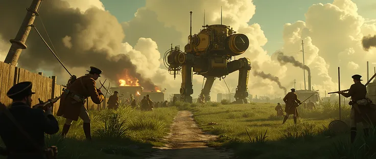 wide battlefield with a steampunk-mechanized walker in the distance crossing a grassy no-mans land between two trenchlines where soilders hunker down to take pot-shots at the opposing trenchline with muskets wearing 18th century uniforms while smoke, s and...