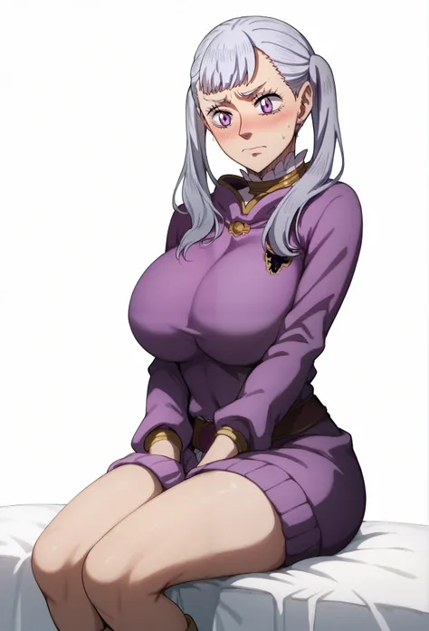  high-resolution ,  Masterpiece, precise,  Best Quality, high-resolution , white background,1 girl, solo, mature, From the Black Clover series, Noelle silva, Double ponytail, Gray hair, Purple eyes, embarrassed,  huge breasts, curvy body, wearing purple sw...