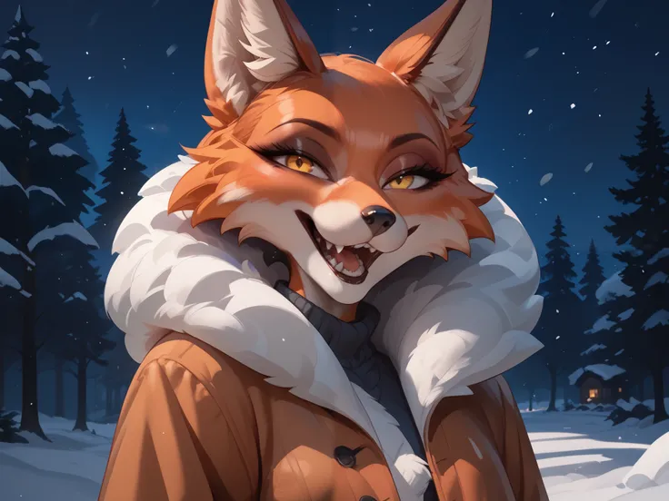  Night, winter, forest plain, Anthropomorphic fox girl,  orange fur, Yellow eyes, red fur coat, evil, open mouth, teeth, bites , looks at the viewer