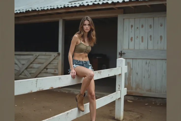 High quality, high definition detailed photo of young nice european slender woman leaning on a fence in a tan top and denim shorts, on a farm, in the countryside, cowgirl, gorgeous young model, sexy girl, standing astride a gate, wearing farm clothes, sexy...