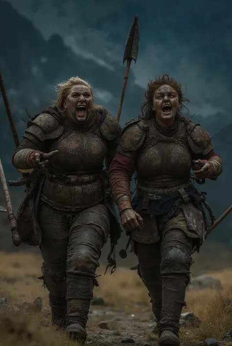 A pair of large muscular and (ugly) broad shoulders (dirty unwashed messy hair) (fat monster females ((angry)) gritted teeth, shouting, thick eyebrows,  dressed in dirty, rugged, dirt, dusty, old,  Historical Full Plate Armor, plate armor, trousers, cloth ...